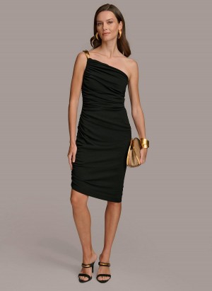 Black Donna Karan One Shoulder Ruched Dress | Canada_DK87254