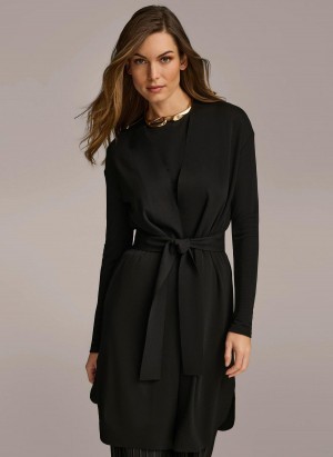 Black Donna Karan Tie Waist Cardigan Sweaters and Tops | Canada_DK43805