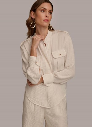 Cream Donna Karan Button Up With Pockets Sweaters and Tops | Canada_DK24306