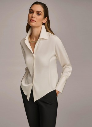 Cream Donna Karan Collared Button Down Blouse Sweaters and Tops | Canada_DK39616