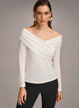 Cream Donna Karan Off Shoulder Wrap Sweaters and Tops | Canada_DK51487