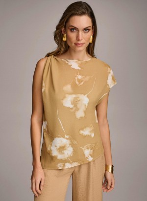 Gold Cream Donna Karan Printed Gathered Hardware Shoulder Sweaters and Tops | Canada_DK87767