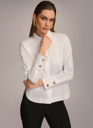 White Donna Karan Cotton Collared Button Down Sweaters and Tops | Canada_DK67752