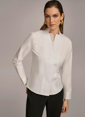 White Donna Karan Cotton Notch Collar Button Down Sweaters and Tops | Canada_DK13158