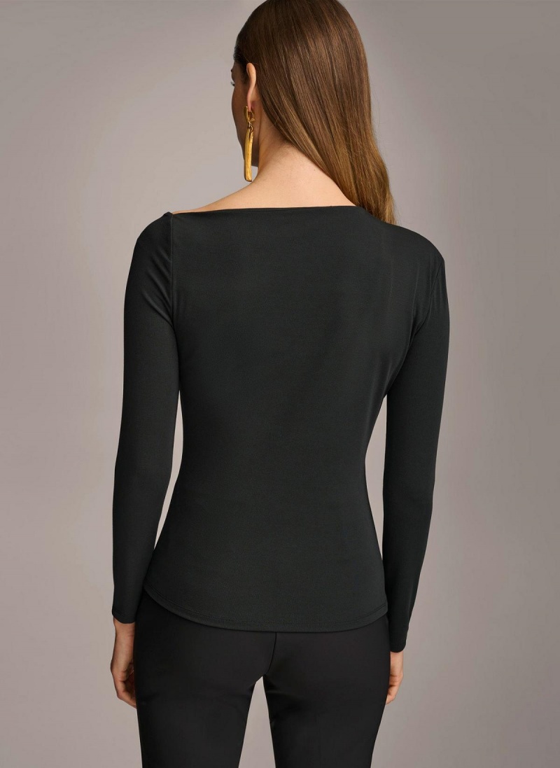 Black Donna Karan Asymmetrical Neckline Fitted Sweaters and Tops | Canada_DK67207