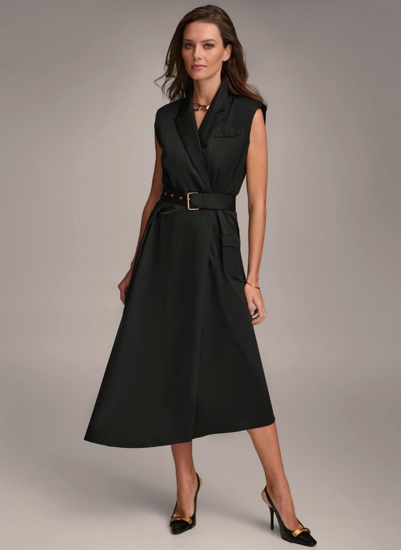 Black Donna Karan Belted Asymmetrical Dress | Canada_DK40046