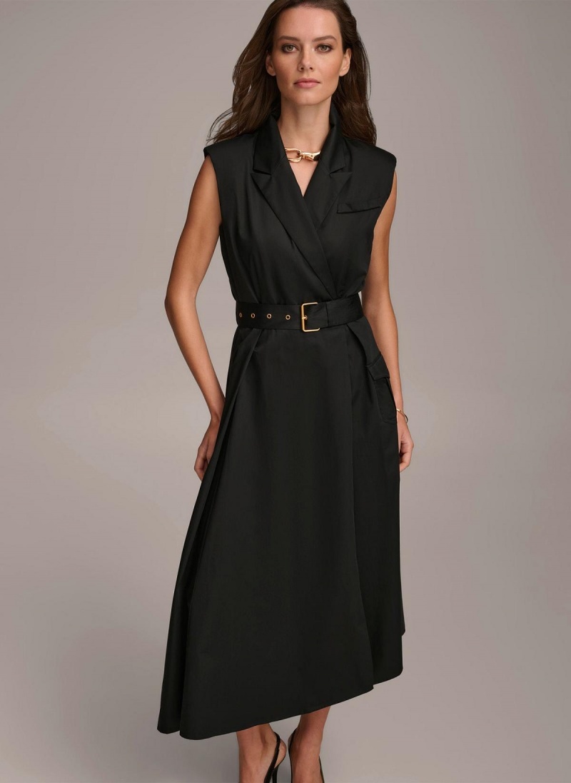 Black Donna Karan Belted Asymmetrical Dress | Canada_DK40046