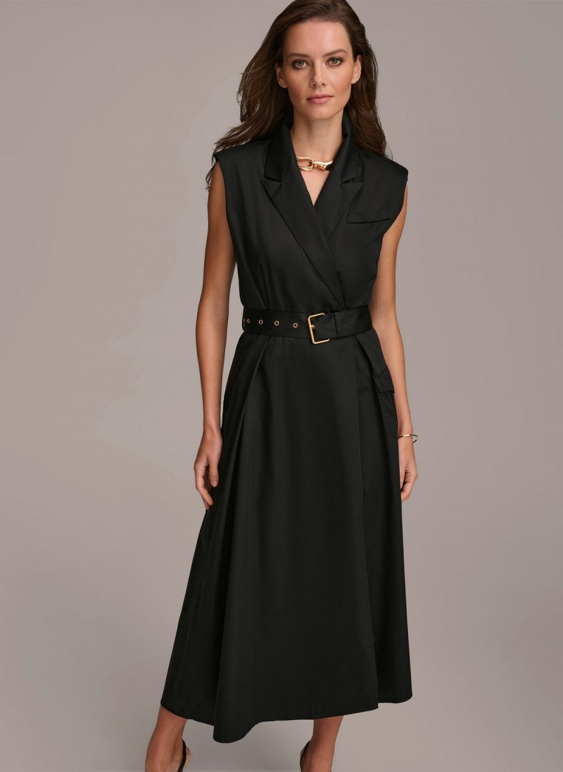 Black Donna Karan Belted Asymmetrical Dress | Canada_DK40046