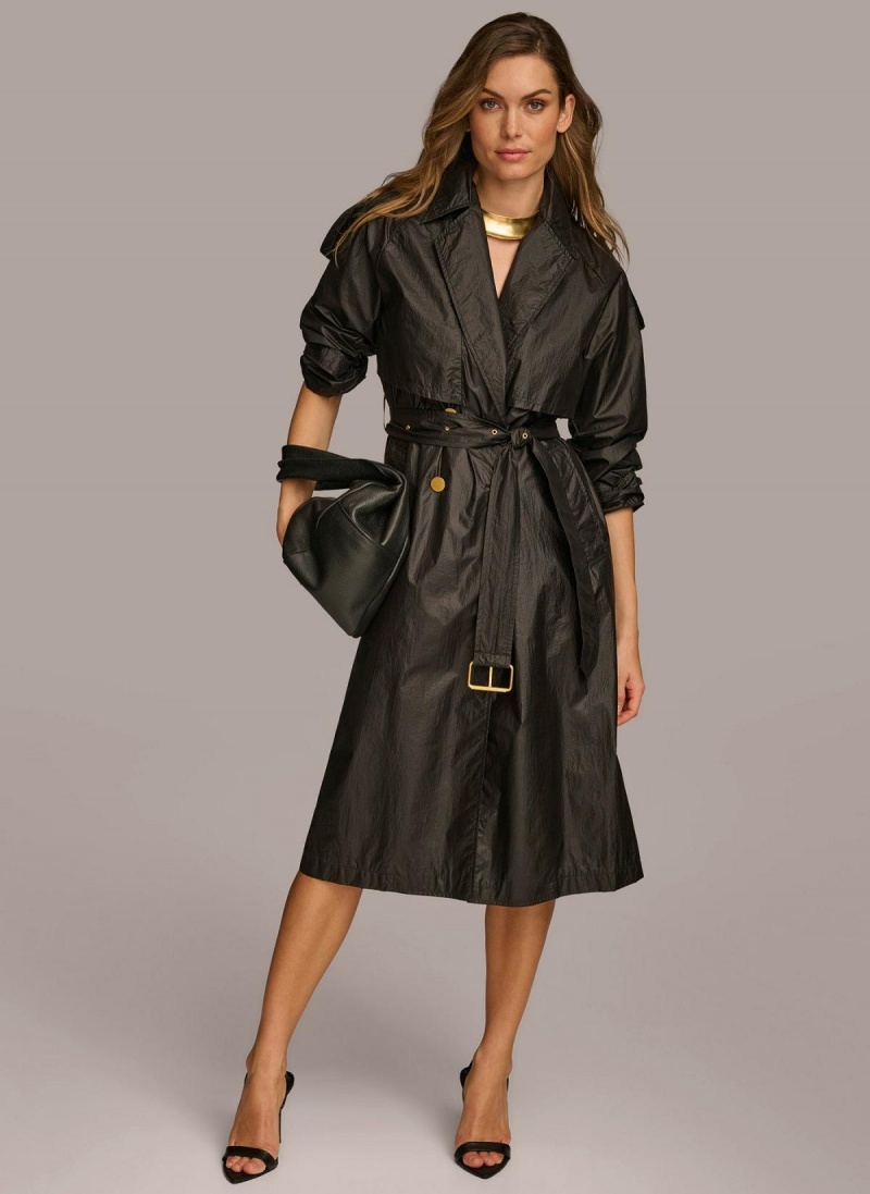 Black Donna Karan Belted Light Weight Trench Outerwear | Canada_DK76204