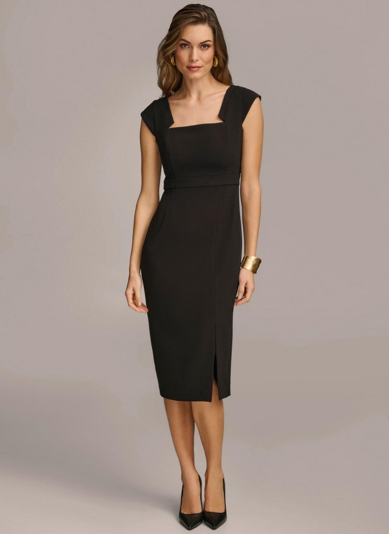 Black Donna Karan Cap Sleeve Square Neck Sheath With Slit Dress | Canada_DK61839