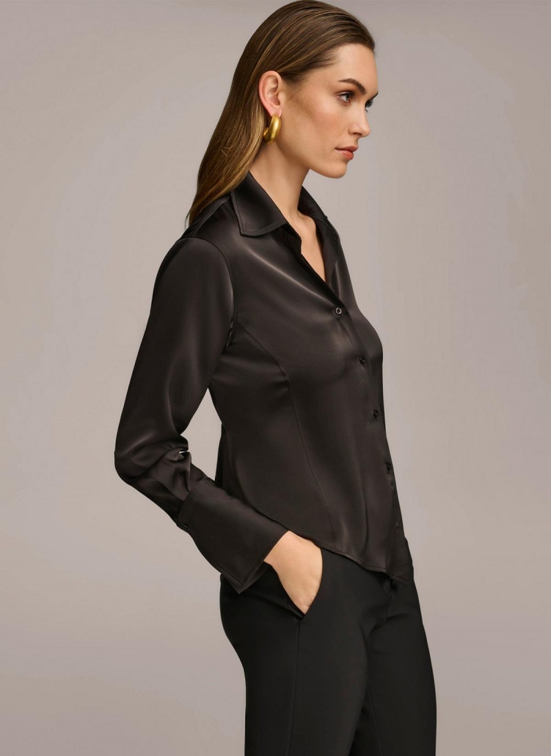 Black Donna Karan Collared Button Down Blouse Sweaters and Tops | Canada_DK98323