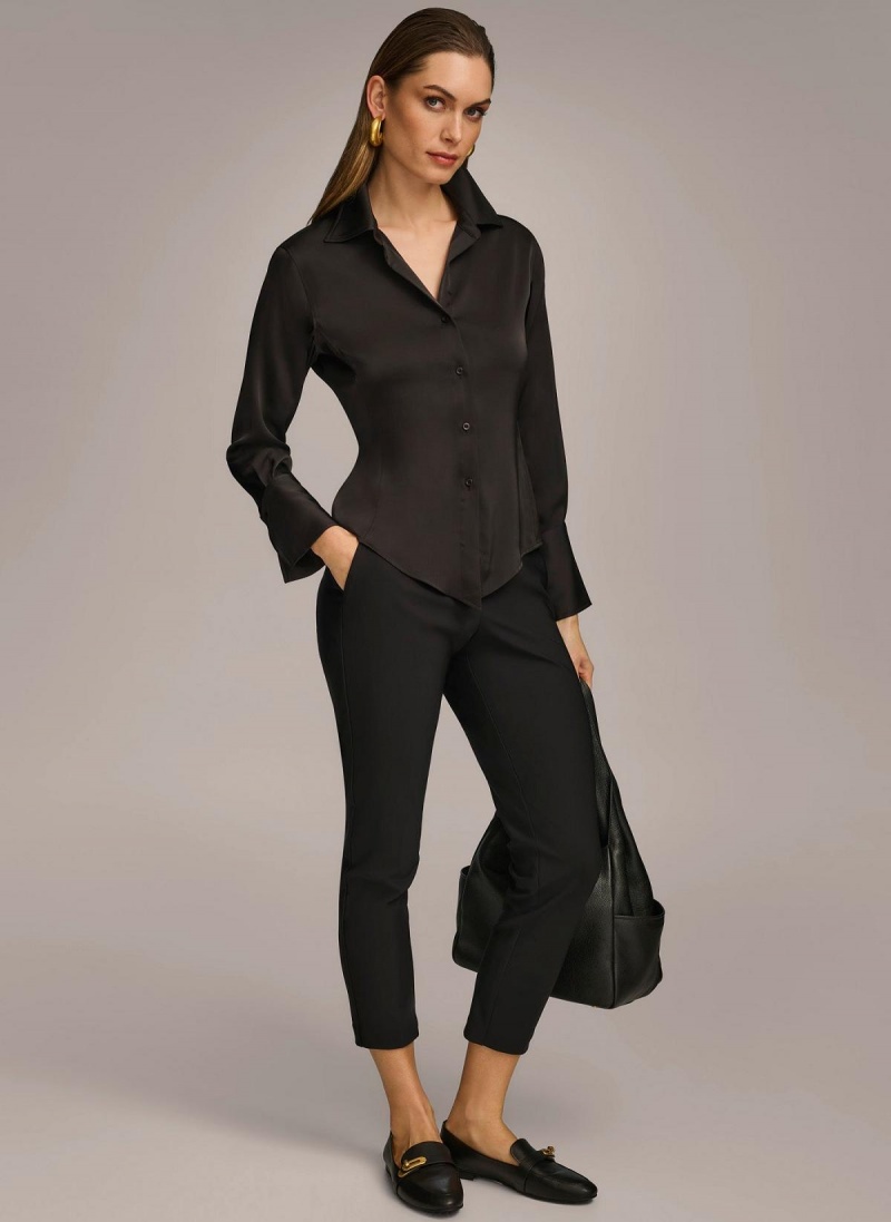 Black Donna Karan Collared Button Down Blouse Sweaters and Tops | Canada_DK98323