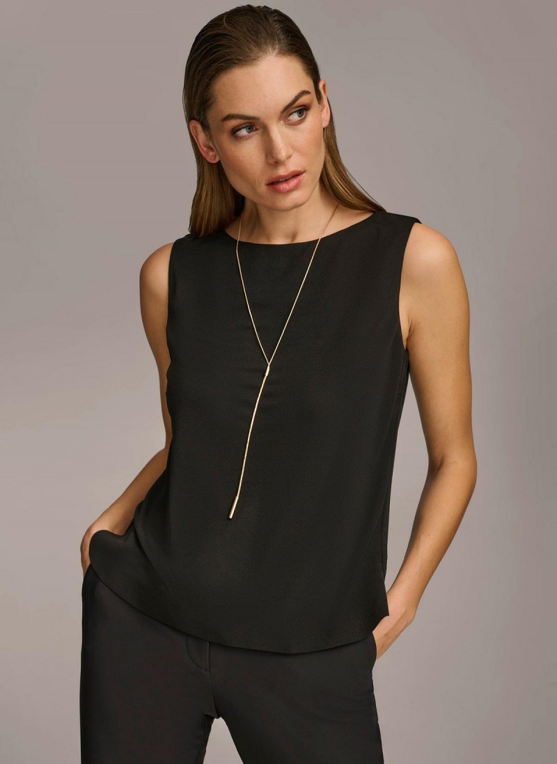 Black Donna Karan Crew Neck Layering Knit Sweaters and Tops | Canada_DK15574