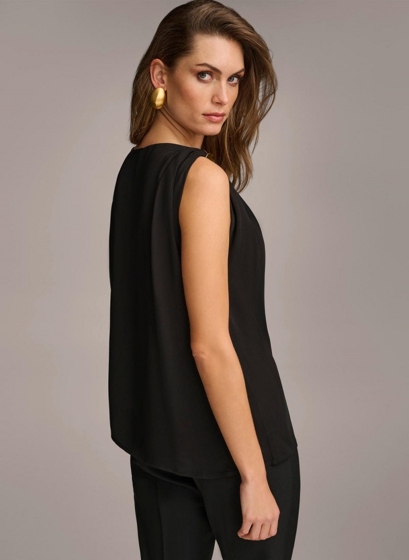 Black Donna Karan Gathered Hardware Shoulder Sweaters and Tops | Canada_DK28100