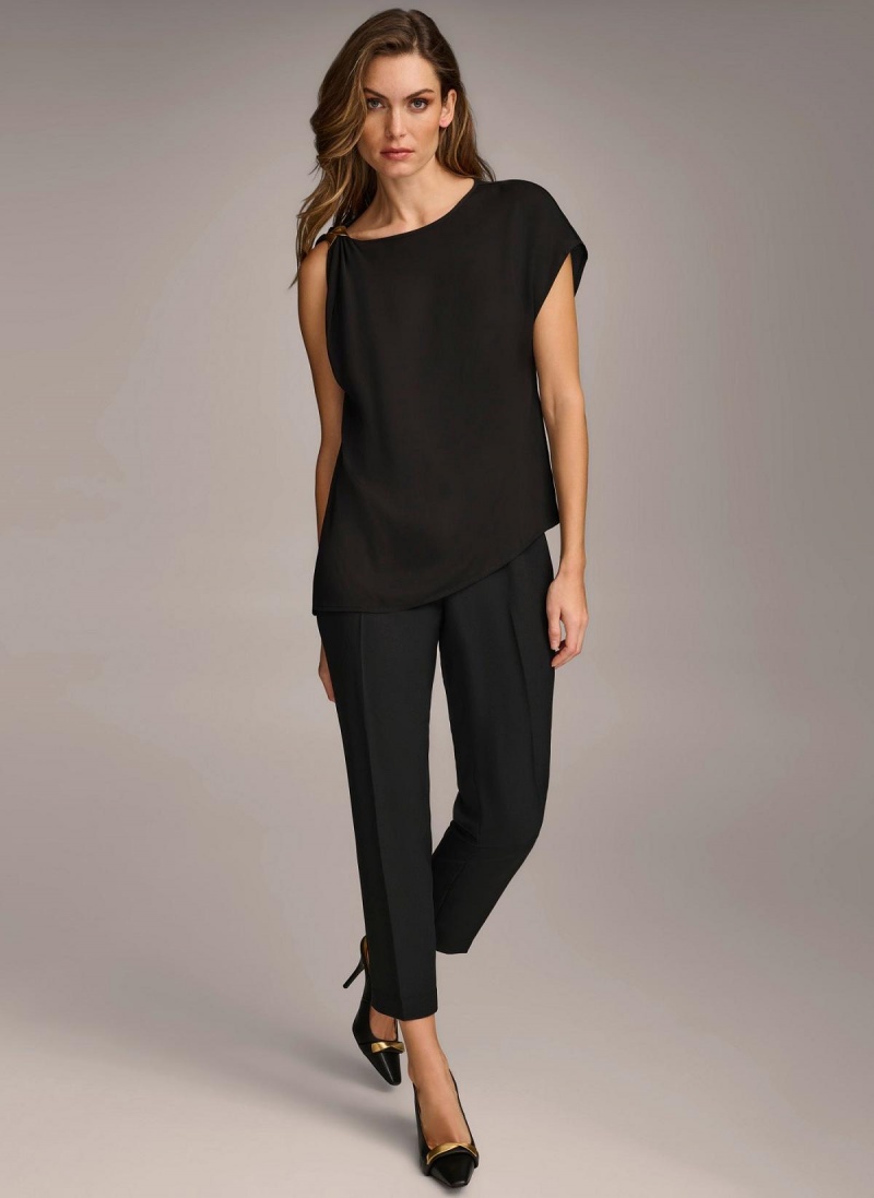 Black Donna Karan Gathered Hardware Shoulder Sweaters and Tops | Canada_DK28100