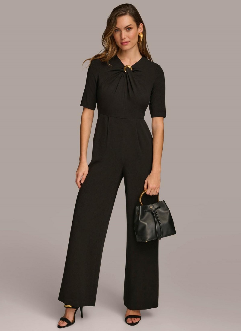 Black Donna Karan Half Sleeve Twist Neck Jumpsuit | Canada_DK70578