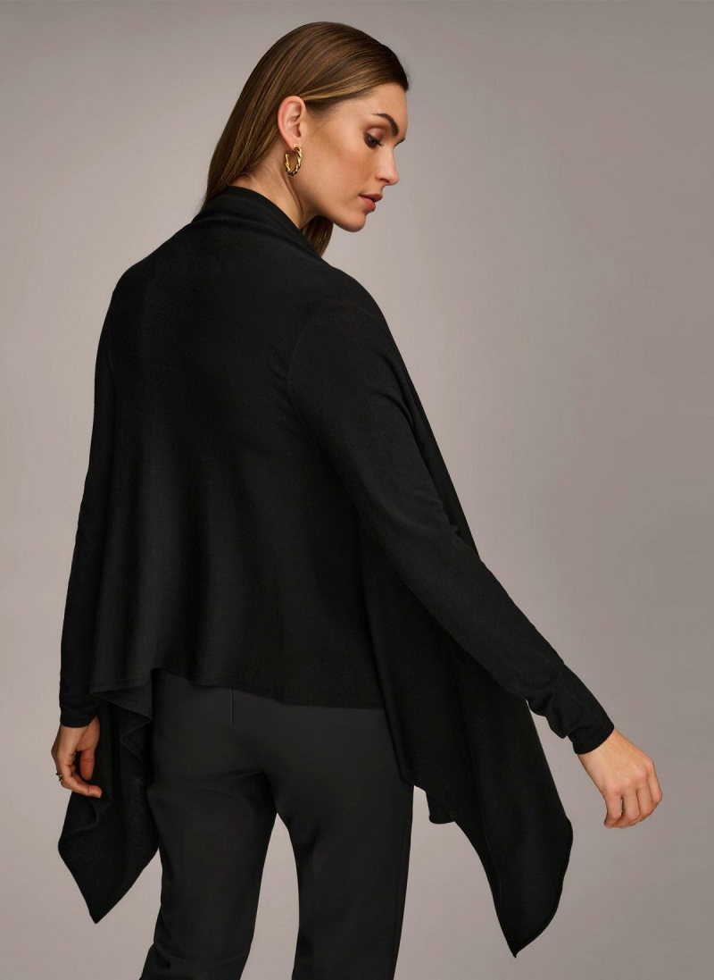 Black Donna Karan Long Sleeve Drape Cardigan Sweaters and Tops | Canada_DK77988