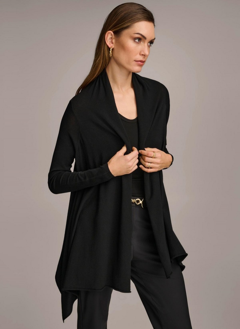 Black Donna Karan Long Sleeve Drape Cardigan Sweaters and Tops | Canada_DK77988