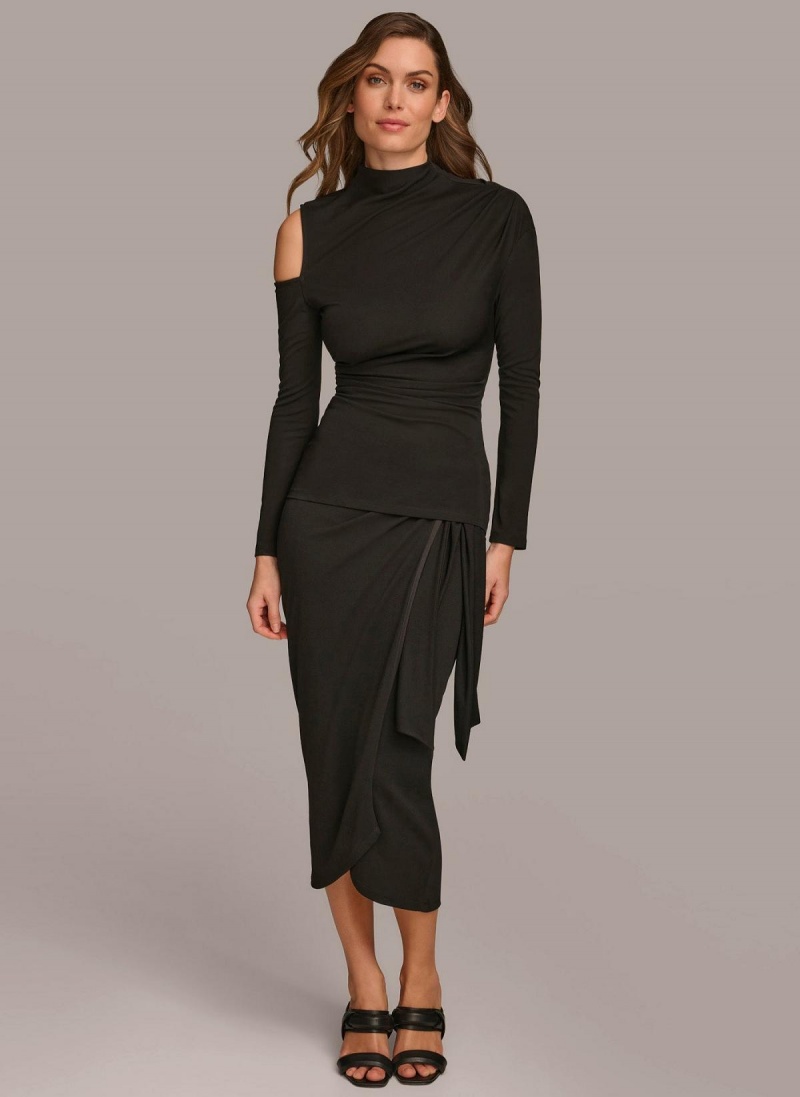 Black Donna Karan Mock Neck With Cold Shoulder Sweaters and Tops | Canada_DK12841