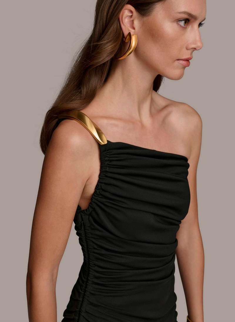 Black Donna Karan One Shoulder Ruched Dress | Canada_DK87254