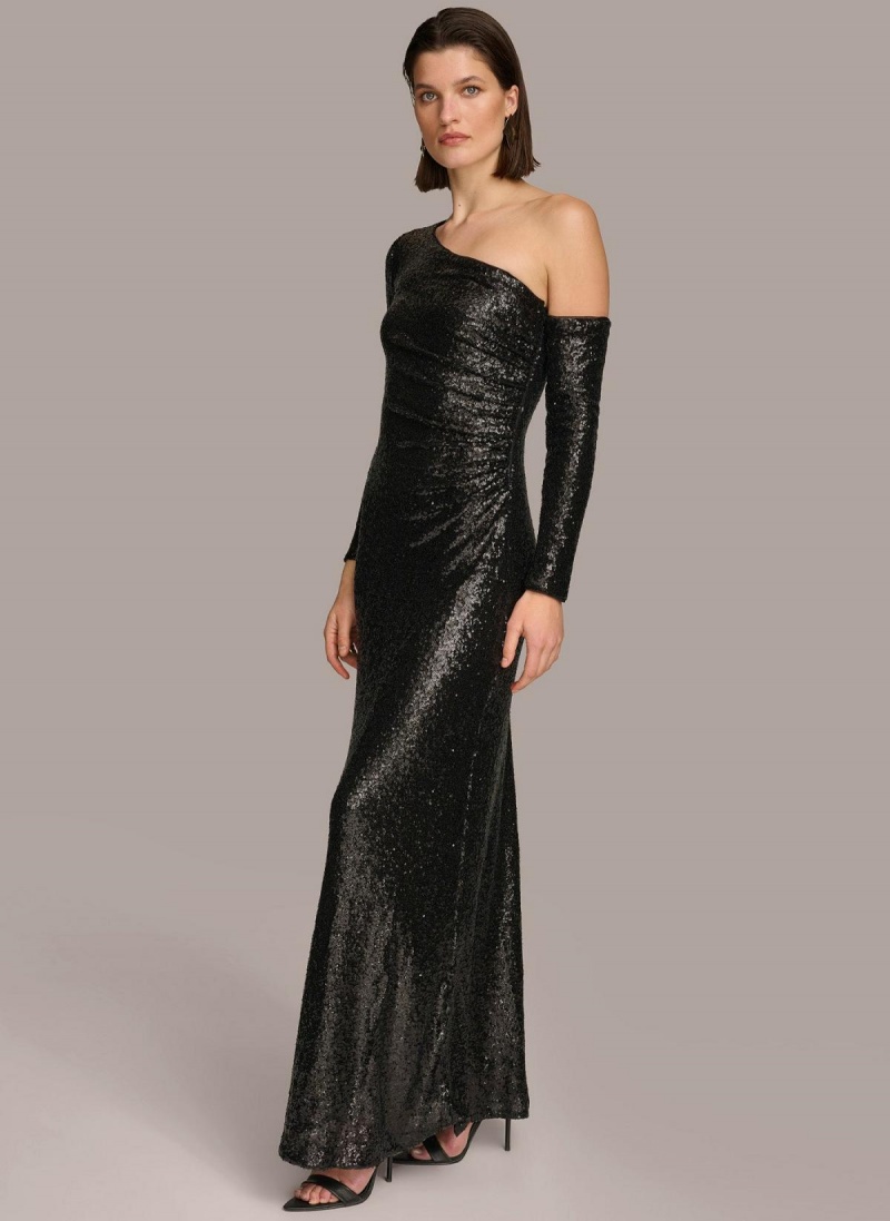 Black Donna Karan One Shoulder Sequin Dress | Canada_DK51845