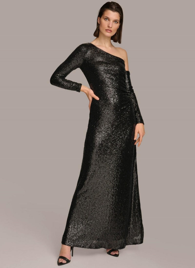 Black Donna Karan One Shoulder Sequin Dress | Canada_DK51845