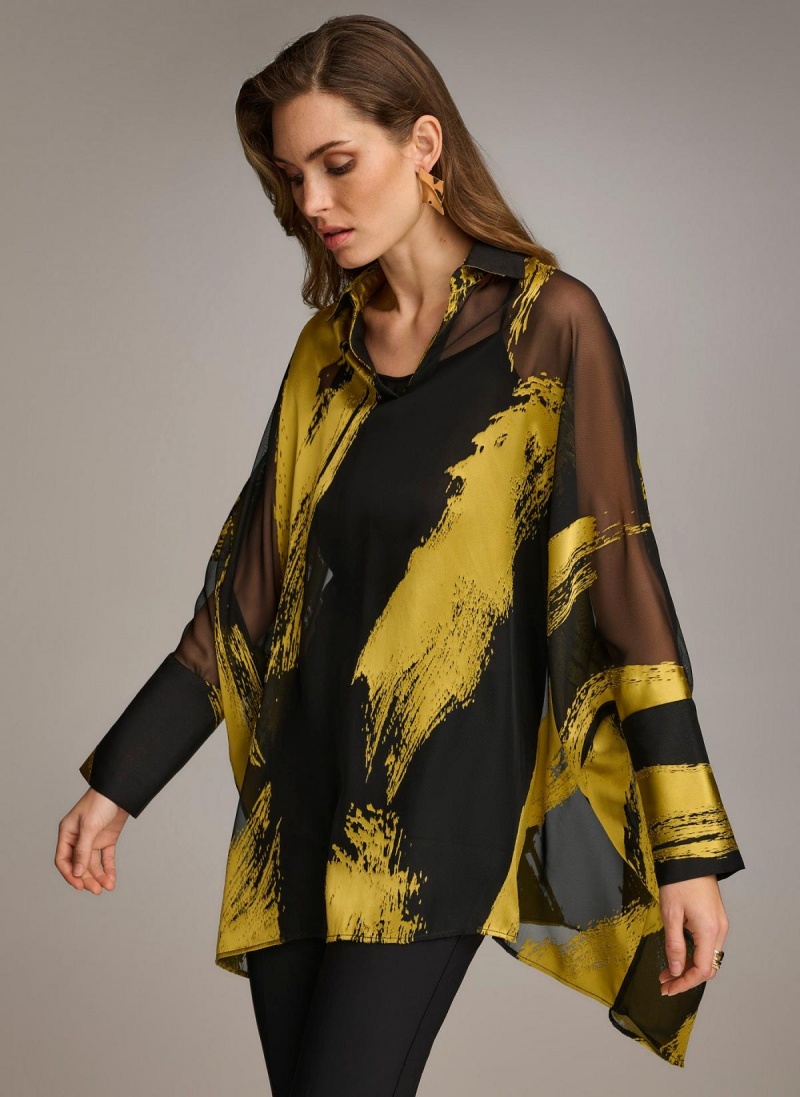 Black Donna Karan Print Collared Tunic Sweaters and Tops | Canada_DK60147