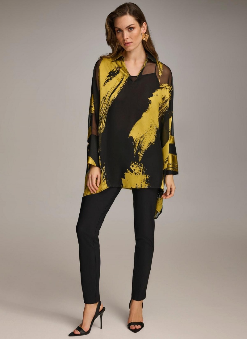 Black Donna Karan Print Collared Tunic Sweaters and Tops | Canada_DK60147