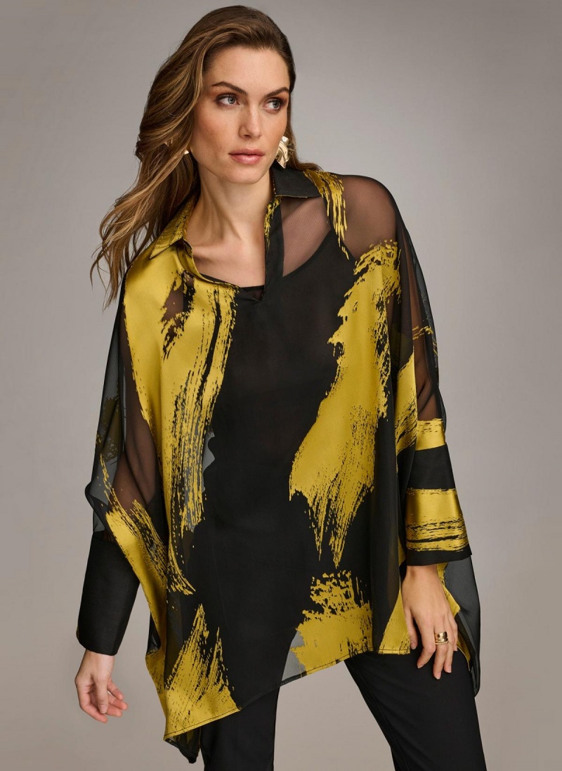 Black Donna Karan Print Collared Tunic Sweaters and Tops | Canada_DK60147