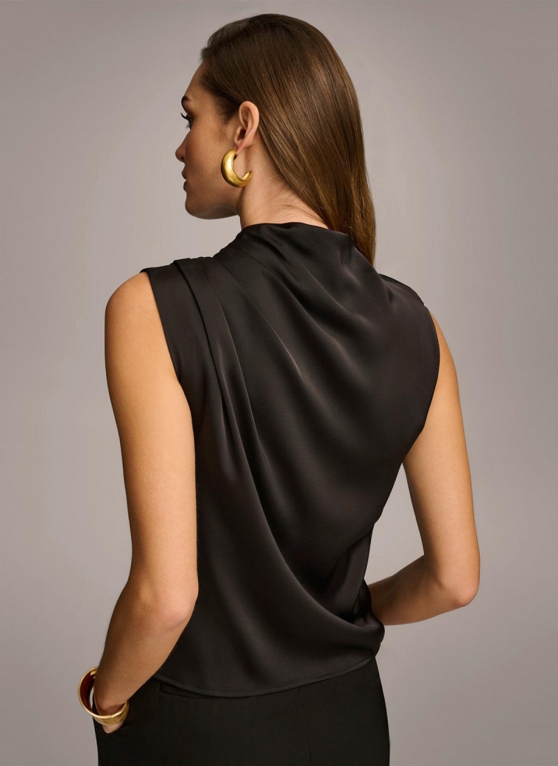 Black Donna Karan Sleeveless Draped Mockneck Sweaters and Tops | Canada_DK52975