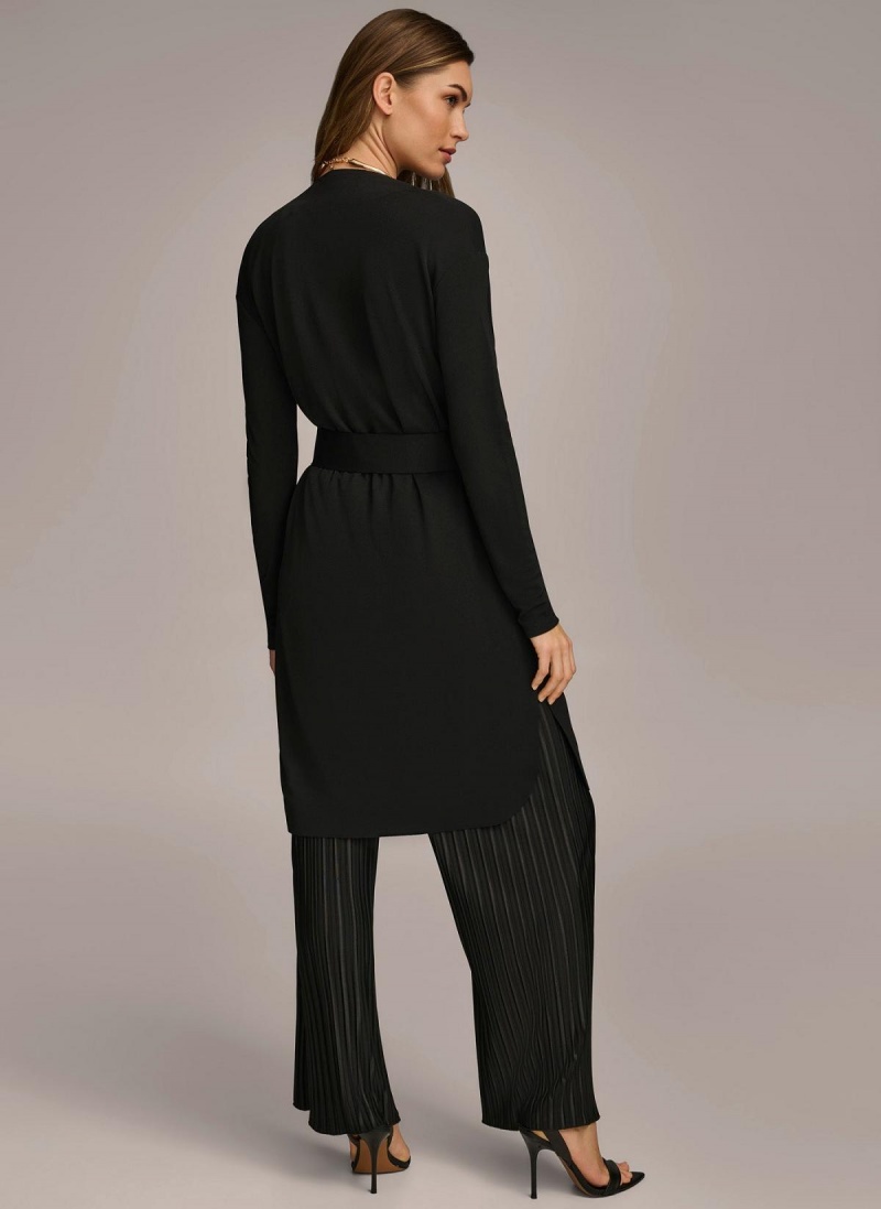 Black Donna Karan Tie Waist Cardigan Sweaters and Tops | Canada_DK43805