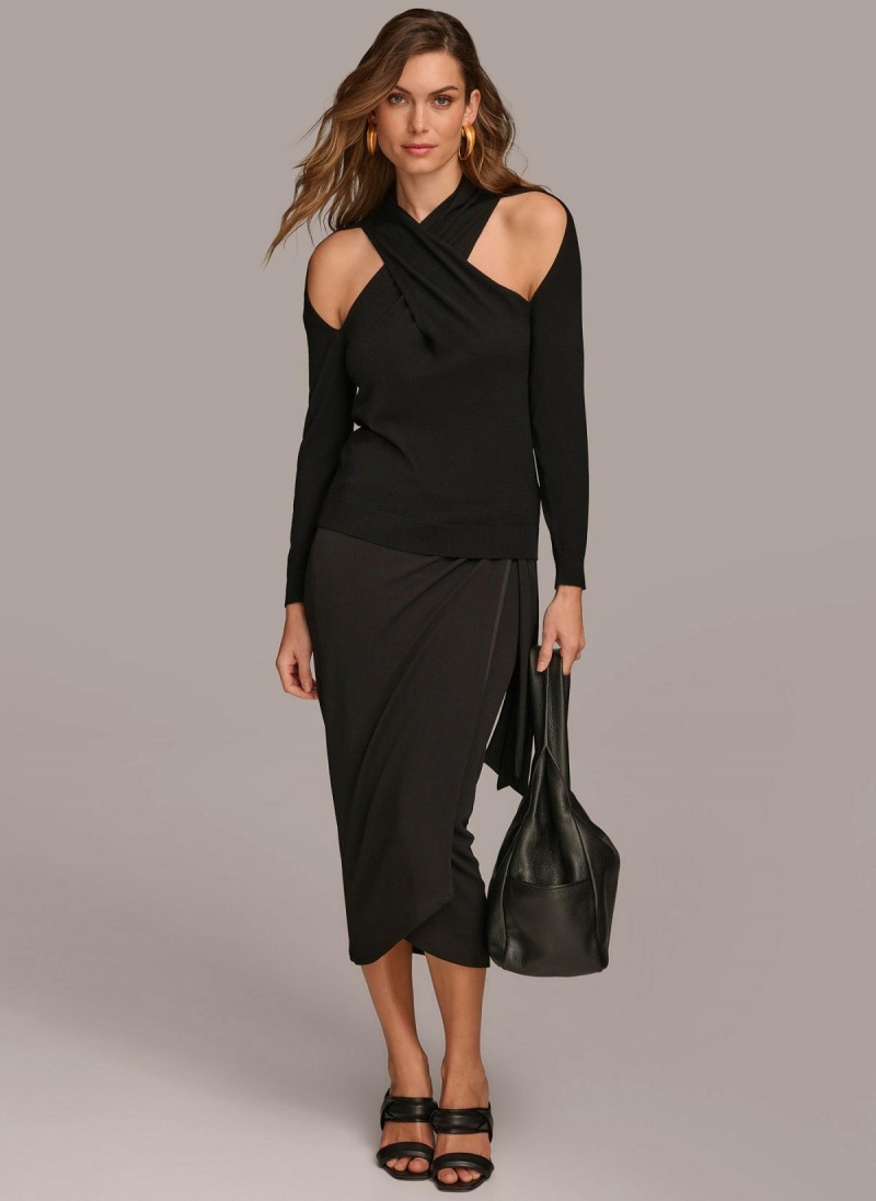 Black Donna Karan Twist Front Sweaters and Tops | Canada_DK78796