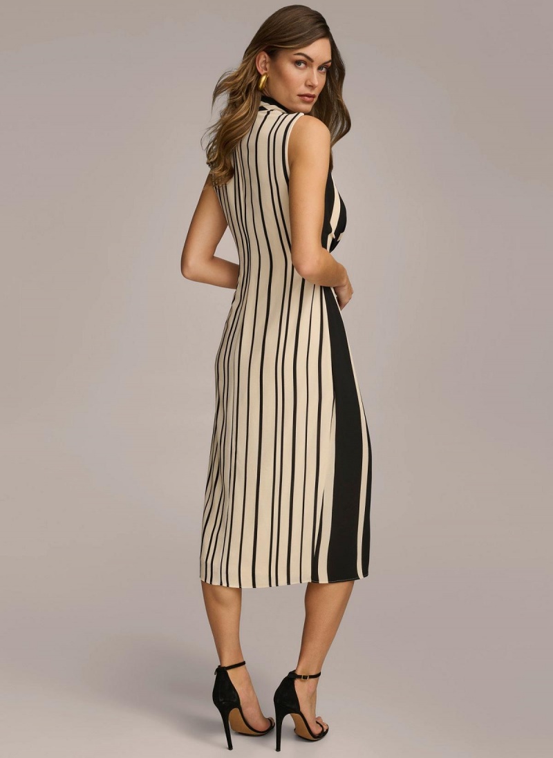 Black Donna Karan V Neck Striped Midi Dress | Canada_DK44442