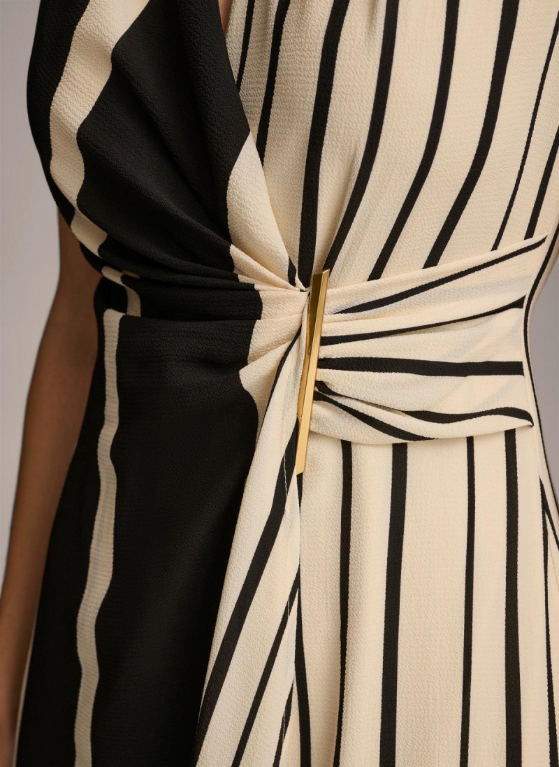 Black Donna Karan V Neck Striped Midi Dress | Canada_DK44442