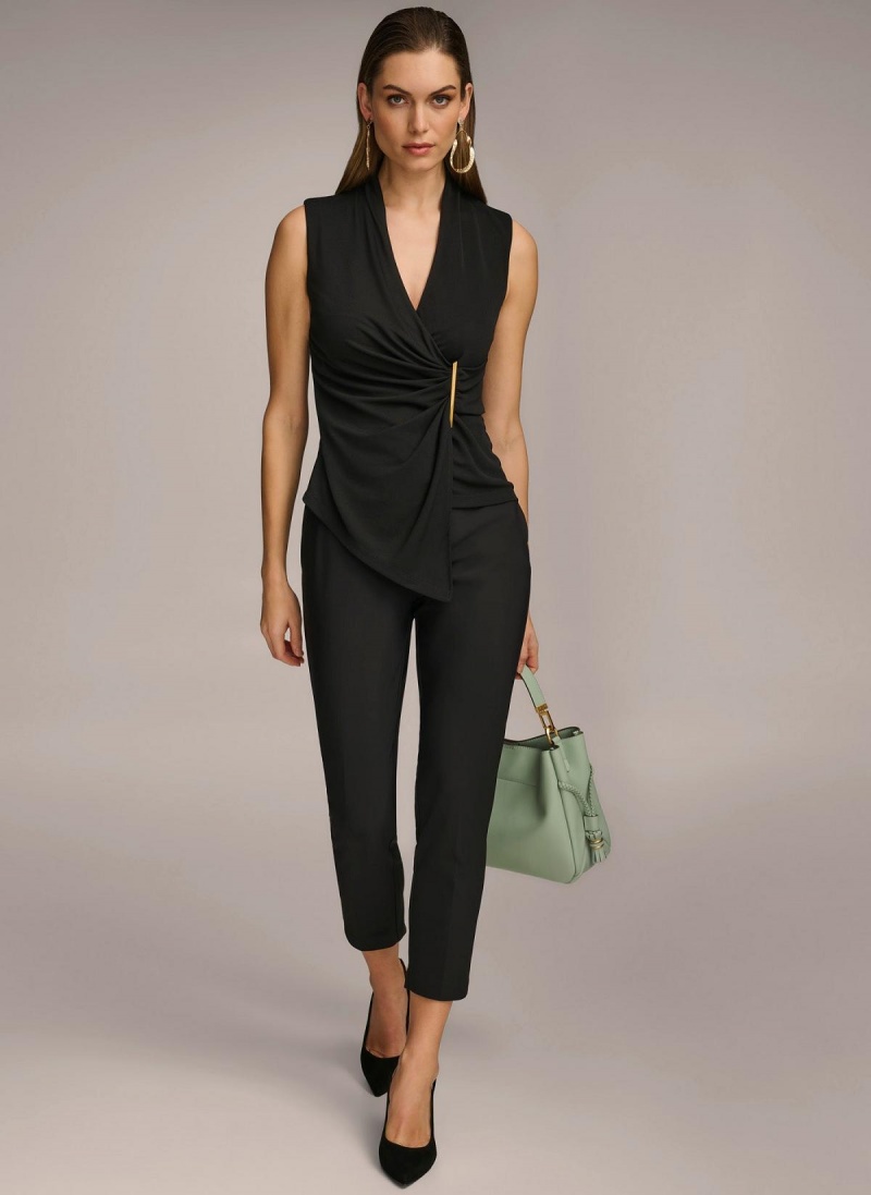 Black Donna Karan V-neck With Hardware And Ruched Detail Sweaters and Tops | Canada_DK19450