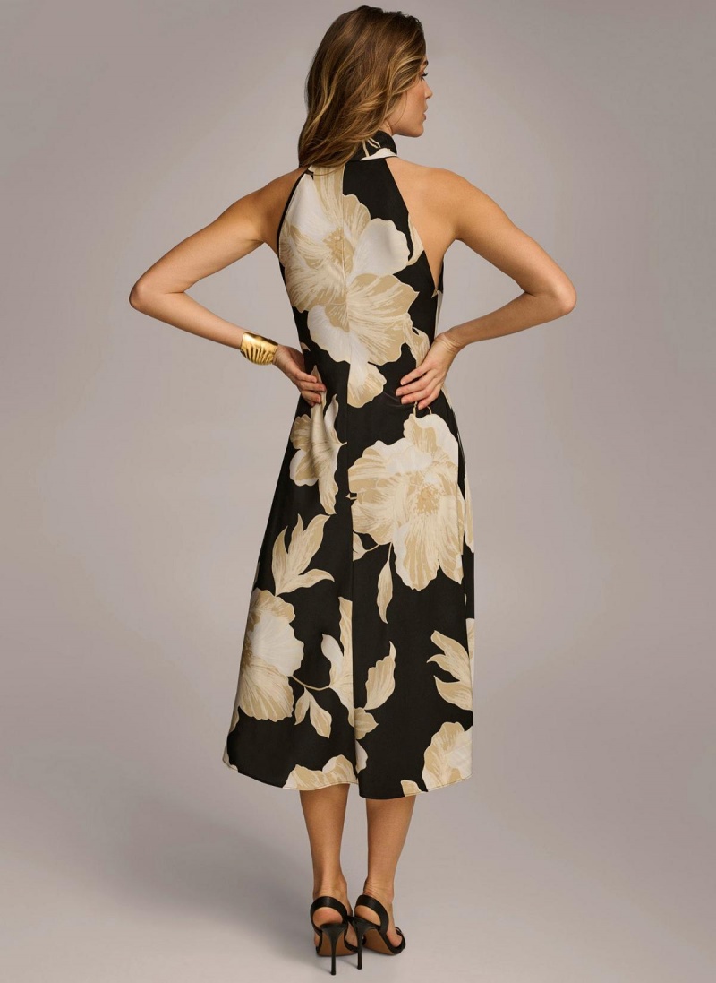 Black / Cream Donna Karan Halter Floral Print Midi Dress | Canada_DK46336