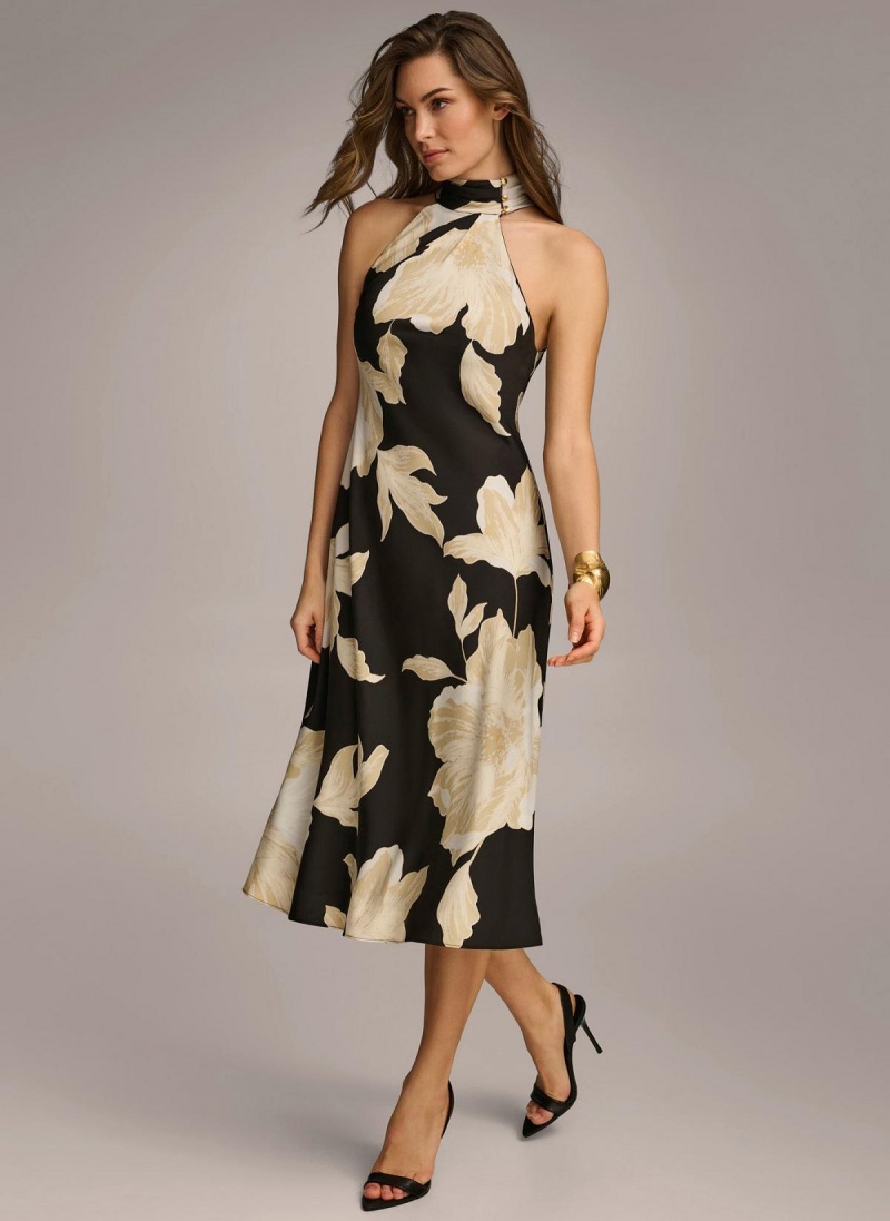 Black / Cream Donna Karan Halter Floral Print Midi Dress | Canada_DK46336