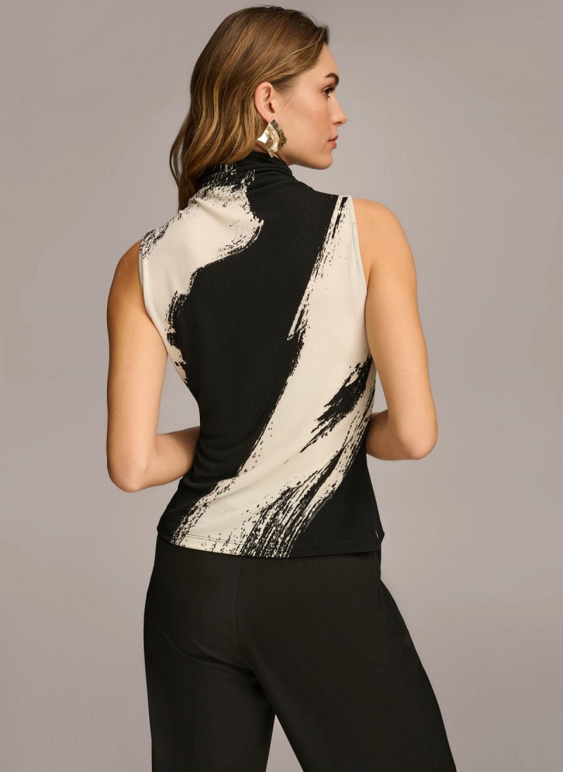 Black / Cream Donna Karan Sleeveless Mockneck Sweaters and Tops | Canada_DK92828