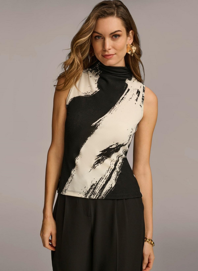 Black / Cream Donna Karan Sleeveless Mockneck Sweaters and Tops | Canada_DK92828