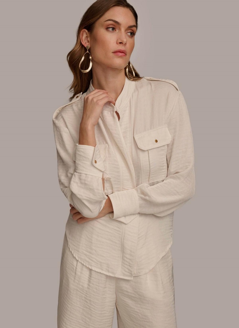 Cream Donna Karan Button Up With Pockets Sweaters and Tops | Canada_DK24306