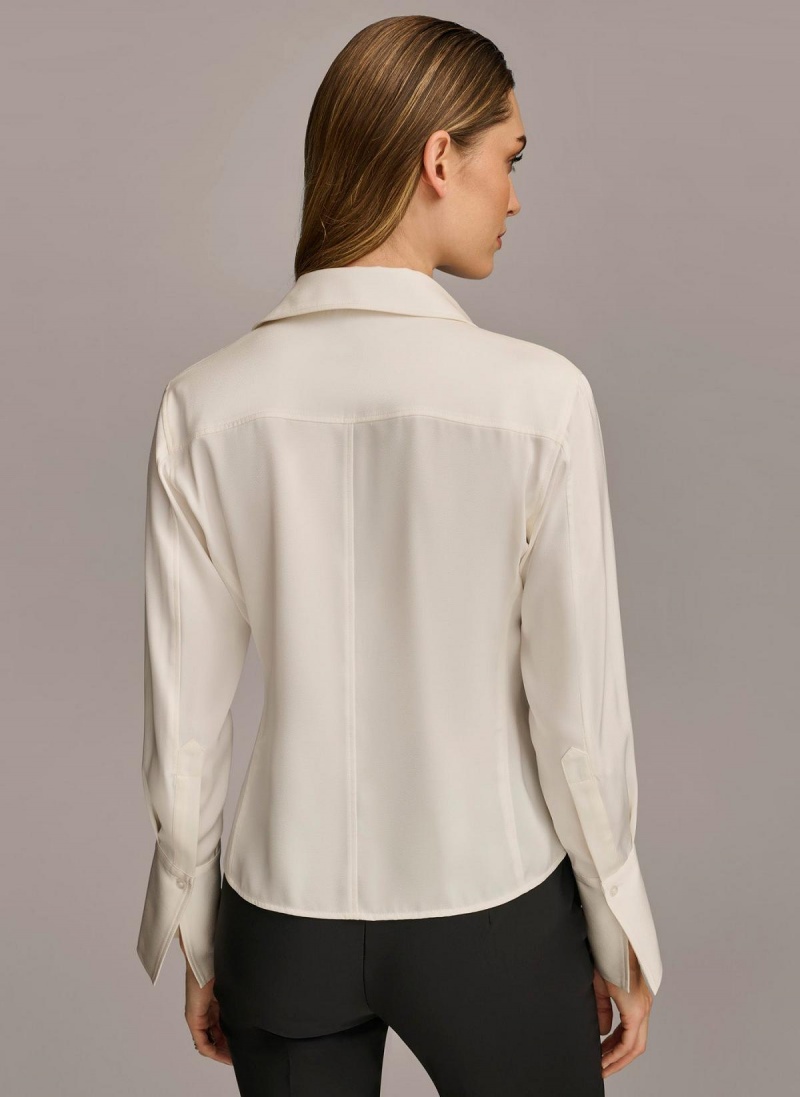 Cream Donna Karan Collared Button Down Blouse Sweaters and Tops | Canada_DK39616