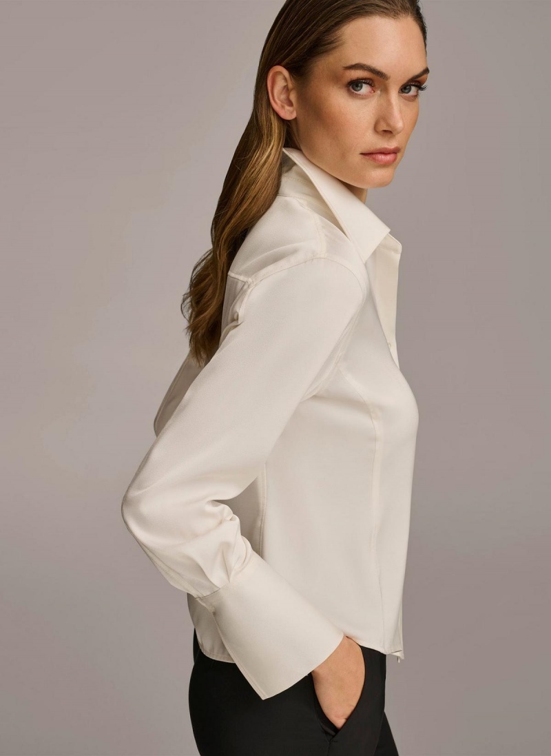 Cream Donna Karan Collared Button Down Blouse Sweaters and Tops | Canada_DK39616