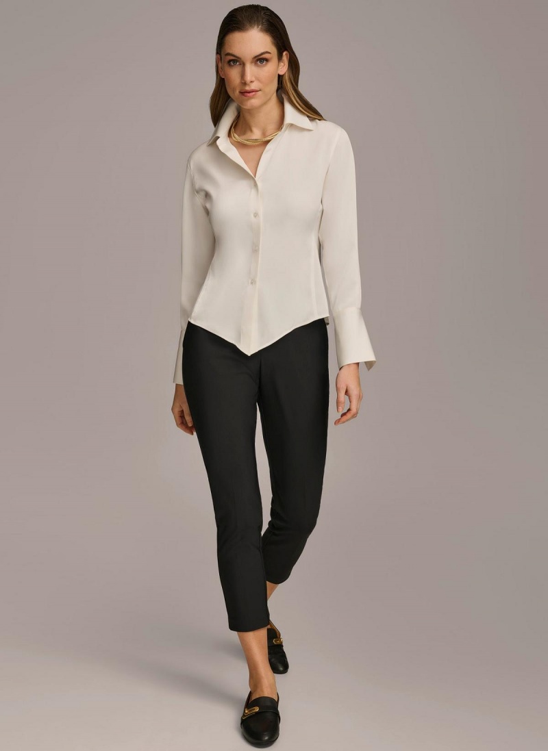 Cream Donna Karan Collared Button Down Blouse Sweaters and Tops | Canada_DK39616