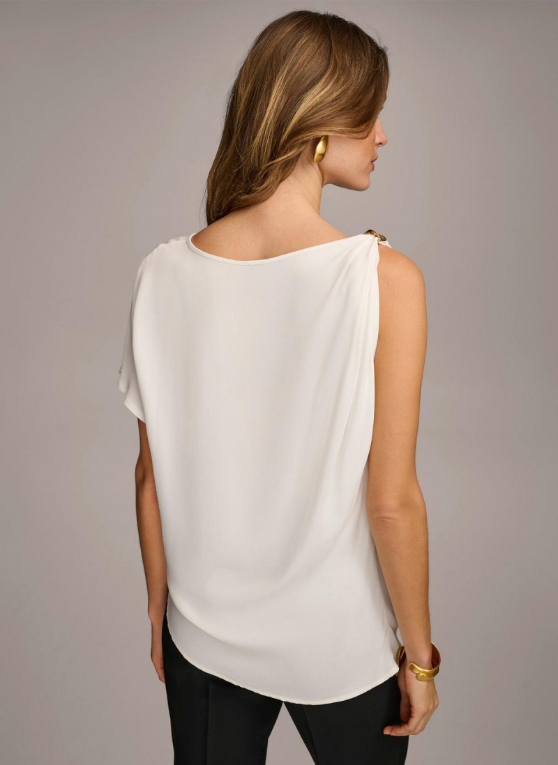 Cream Donna Karan Gathered Hardware Shoulder Sweaters and Tops | Canada_DK61939