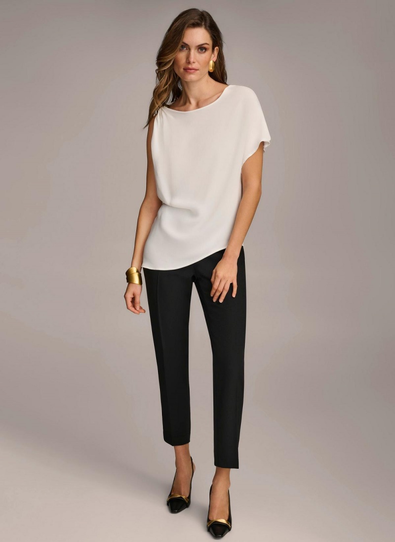 Cream Donna Karan Gathered Hardware Shoulder Sweaters and Tops | Canada_DK61939