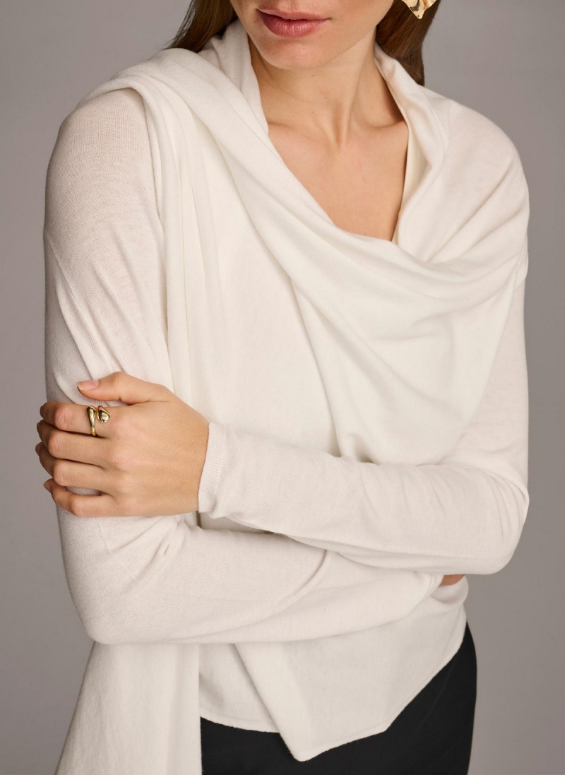 Cream Donna Karan Long Sleeve Drape Cardigan Sweaters and Tops | Canada_DK30874