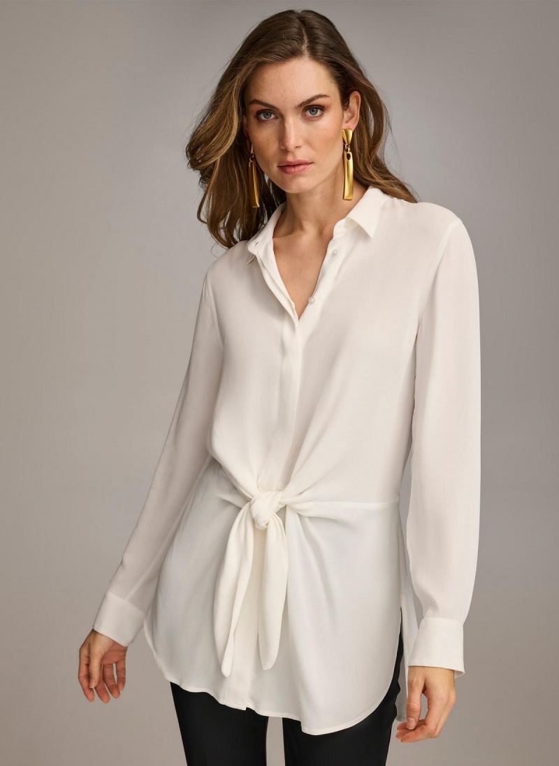 Cream Donna Karan Long Sleeve High-low With Tie At Waist Sweaters and Tops | Canada_DK82255