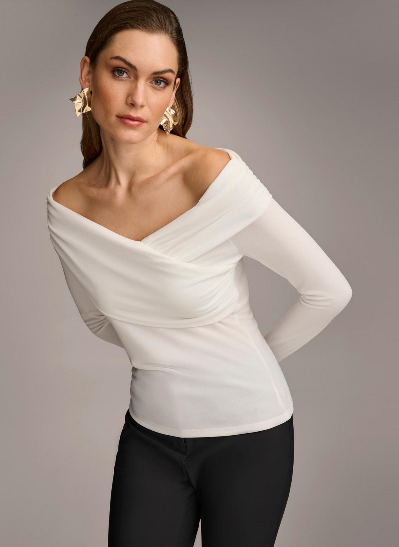 Cream Donna Karan Off Shoulder Wrap Sweaters and Tops | Canada_DK51487