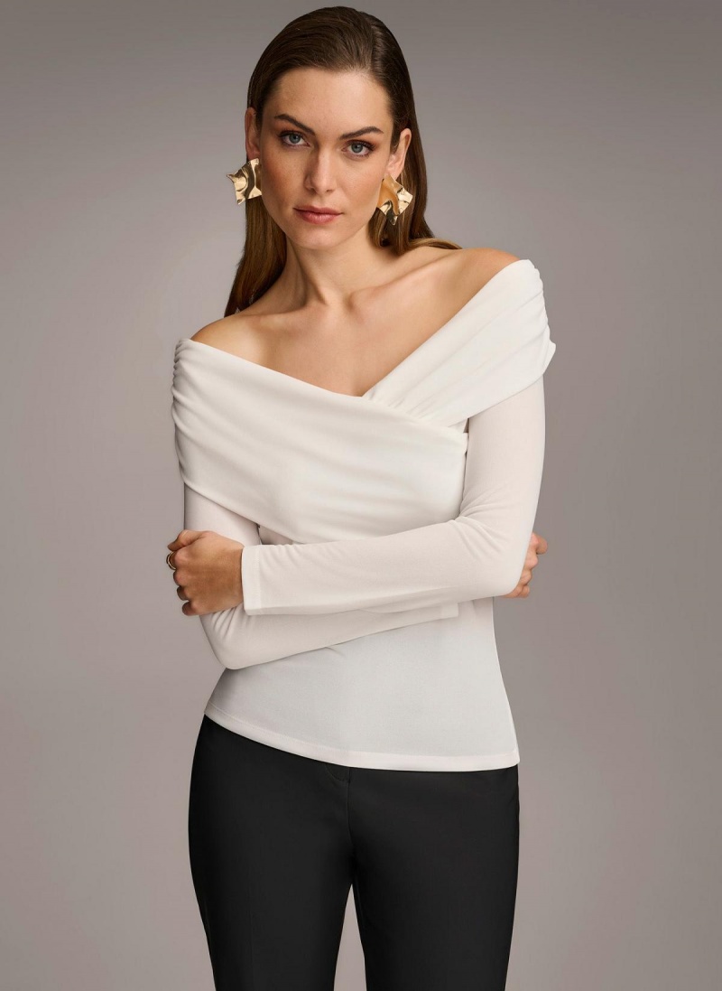 Cream Donna Karan Off Shoulder Wrap Sweaters and Tops | Canada_DK51487