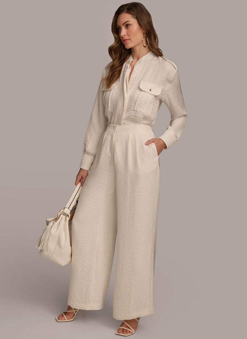 Cream Donna Karan Pleated Wide Leg Pants | Canada_DK28300